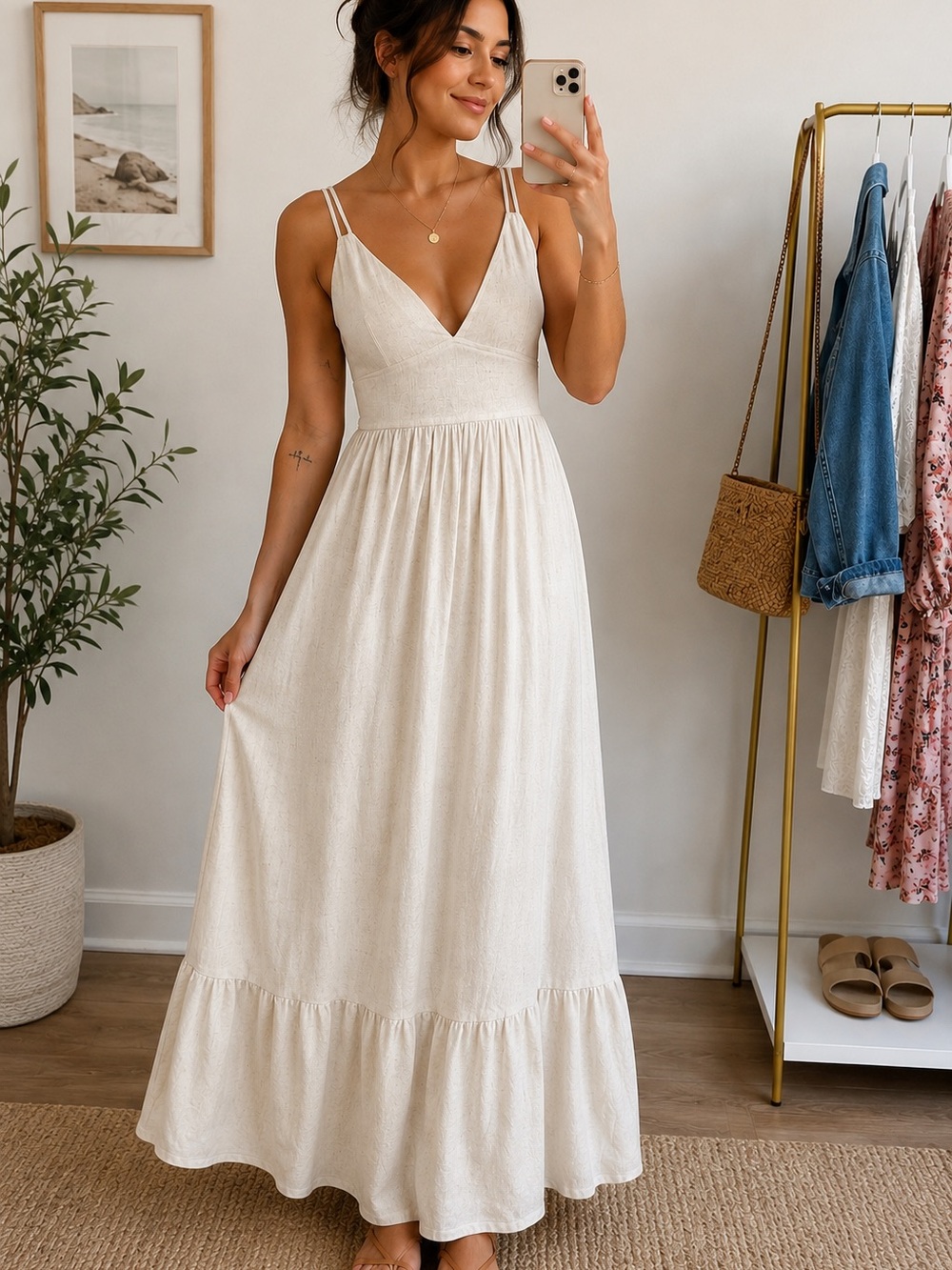 Windsor Cream Linen Blend Maxi Dress Boho Cottagecore Strappy Deep V Medium